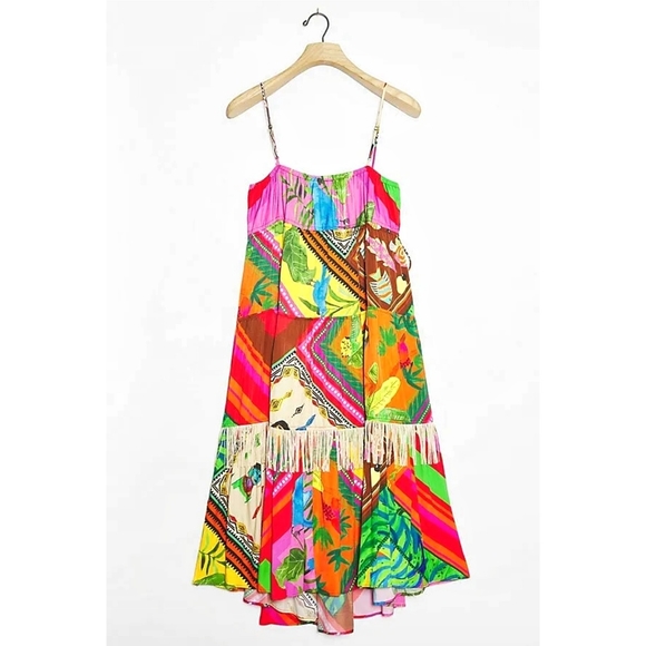 Farm Rio Anthropologie Palila Fringe Beaded Tassel Tiered Midi Dress - Picture 2 of 14